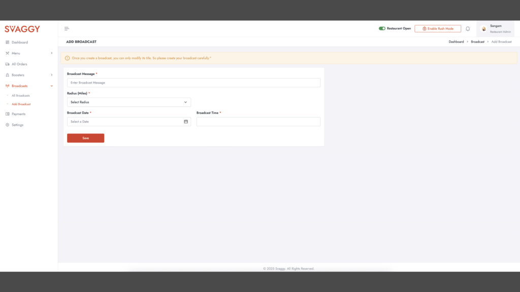 Restaurant Offer Broadcast Console