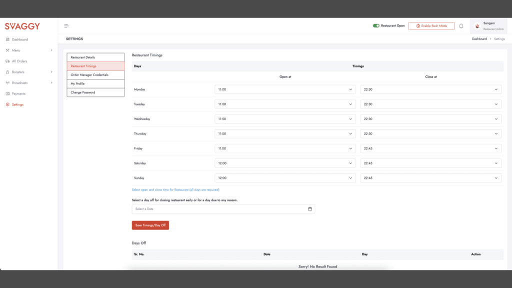 Restaurant Timings Settings